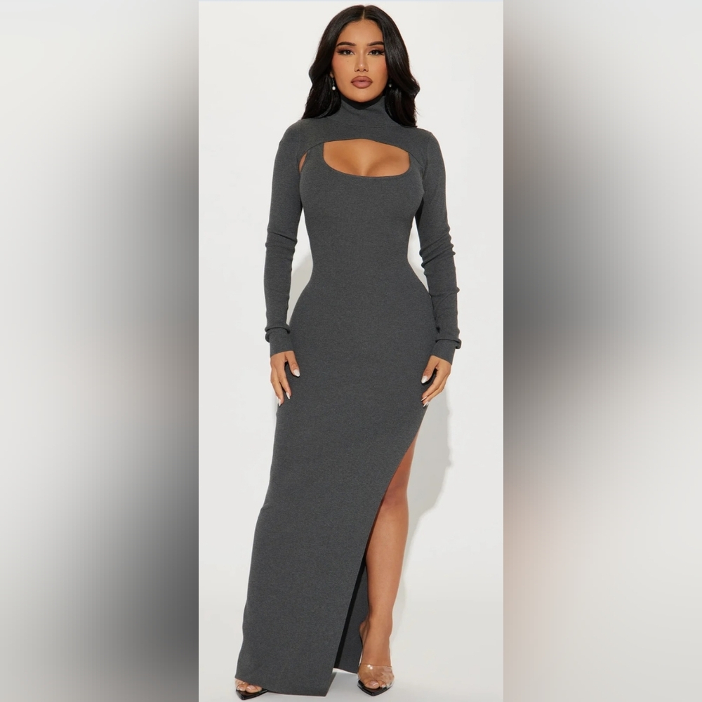 Fashion Nova Gray Ribbed Bodycon Dress with Slit